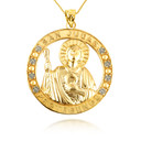 Gold Religious Saint Jude CZ Medallion Pendant Necklace