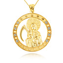 Yellow Gold Cubic Zirconia Santa Muerte Grim Reaper Round Pendant Necklace