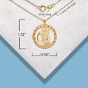 Yellow Gold Cubic Zirconia Santa Muerte Grim Reaper Round Pendant Necklace with measurements