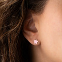 14K Yellow Gold Pink Enamel Starfish Stud Earrings on female model