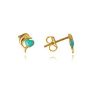 14K Yellow Gold Turqoise Enamel Dolphin Heart Stud Earrings