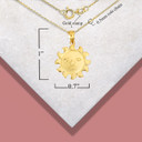 Gold Celestial Sun Face Pendant Necklace with measurements