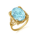 Gold Beaded Oval Aqua Gemstone Chevron Ring