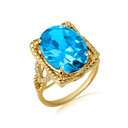 Gold Beaded Oval Blue Topaz Gemstone Chevron Ring