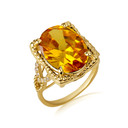 Gold Beaded Oval Citrine Gemstone Chevron Ring
