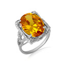 .925 Sterling Silver Beaded Oval Citrine Gemstone Chevron Ring