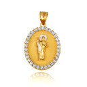 Two Tone Yellow Gold Saint Jude Cubic Zirconia Oval Halo Beaded Medallion Pendant