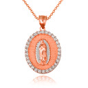 Rose Gold CZ Lady Of Guadalupe Oval Medallion Pendant Necklace