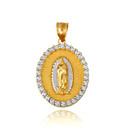 Gold CZ Lady Of Guadalupe Oval Medallion Pendant