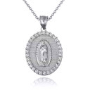 .925 Sterling Silver CZ Lady Of Guadalupe Oval Medallion Pendant Necklace
