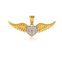 Gold Diamond Studded Winged Angel Heart Pendant