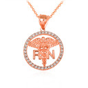 Rose Gold RN Caduceus Registered Nurse CZ Circle Pendant Necklace