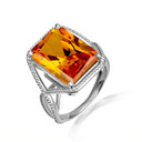 .925 Sterling Silver Beaded Emerald Cut Citrine Gemstone Infinity Ring