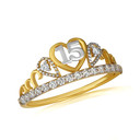 Two Tone CZ Beaded Royal Crown Heart 15 Años Quinceañera Tiara Ring