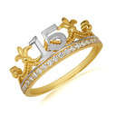 Two Tone CZ Fleur De Lis Beaded Royal Crown 15 Años Quinceañera Ring