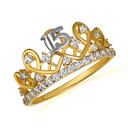 Two Tone Gold CZ Royal Princess Crown 15 Años Quinceañera Wavy Ring