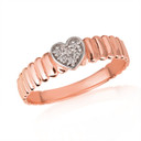 Rose Gold Diamond Heart Studded Ribbed Band Ring