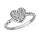 White Gold Diamond Heart Studded Beaded Band Ring