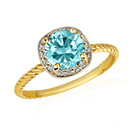 Gold Round Aqua Birthstone Diamond Roped Ring