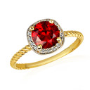 Gold Round Ruby Birthstone Diamond Roped Ring