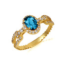 Gold Oval Blue Topaz Gemstone & Diamond Halo Chain Link Roped Ring