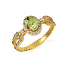 Gold Oval Peridot Gemstone & Diamond Halo Chain Link Roped Ring