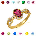 Gold Oval Gemstone & Diamond Halo Chain Link Roped Ring 7.5 mm