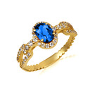 Gold Oval Sapphire Gemstone & Diamond Halo Chain Link Roped Ring