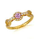 Gold Round Alexandrite Gemstone & Diamond Halo Circle Chain Link Roped Ring