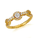 Gold Round White Topaz Gemstone & Diamond Halo Circle Chain Link Roped Ring