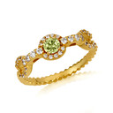 Gold Round Peridot Gemstone & Diamond Halo Circle Chain Link Roped Ring