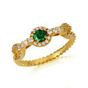Gold Round Emerald Gemstone & Diamond Halo Circle Chain Link Roped Ring