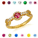 Gold Round Gemstone & Diamond Halo Circle Chain Link Roped Ring