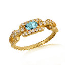Gold Sideways Oval Aquamarine Gemstone & Diamond Halo Chain Link Roped Ring