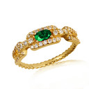 Gold Sideways Oval Emerald Gemstone & Diamond Halo Chain Link Roped Ring