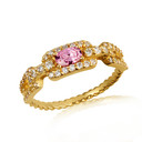 Gold Sideways Oval Pink Gemstone & Diamond Halo Chain Link Roped Ring