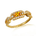 Gold Sideways Oval Citrine Gemstone & Diamond Halo Chain Link Roped Ring