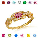 Gold Sideways Oval Gemstone & Diamond Halo Chain Link Roped Ring