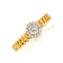 Gold Sideways Round Clear Gemstone & Diamond Halo Cuban Chain Link Ring