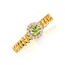 Gold Sideways Round Peridot Gemstone & Diamond Halo Cuban Chain Link Ring