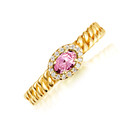Gold Oval Pink CZ Gemstone & Diamond Halo Cuban Chain Link Ring