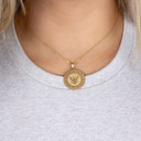 Gold United States Navy Eagle Emblem Officially Licensed Medallion Pendant Necklace on female model