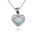 .925 Sterling Silver Filigree Heart Opal Birthstone Pendant Necklace