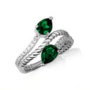 .925 Sterling Silver Pear Cut Double Emerald Gemstone Wrap Around Roped Band Ring