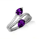 .925 Sterling Silver Pear Cut Double Amethyst Gemstone Wrap Around Roped Band Ring