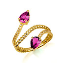 Gold Pear Cut Double Ruby Gemstone Wrap Around Rope Band Ring