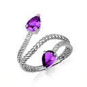 .925 Sterling Silver Pear Cut Double Amethyst Gemstone Wrap Around Rope Band Ring