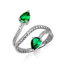 .925 Sterling Silver Pear Cut Double Emerald Gemstone Wrap Around Rope Band Ring