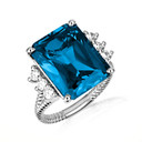 .925 Sterling Silver Emerald Cut Blue Topaz Gemstone Roped Band Ring