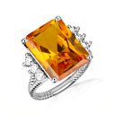 .925 Sterling Silver Emerald Cut Citrine Gemstone Roped Band Ring